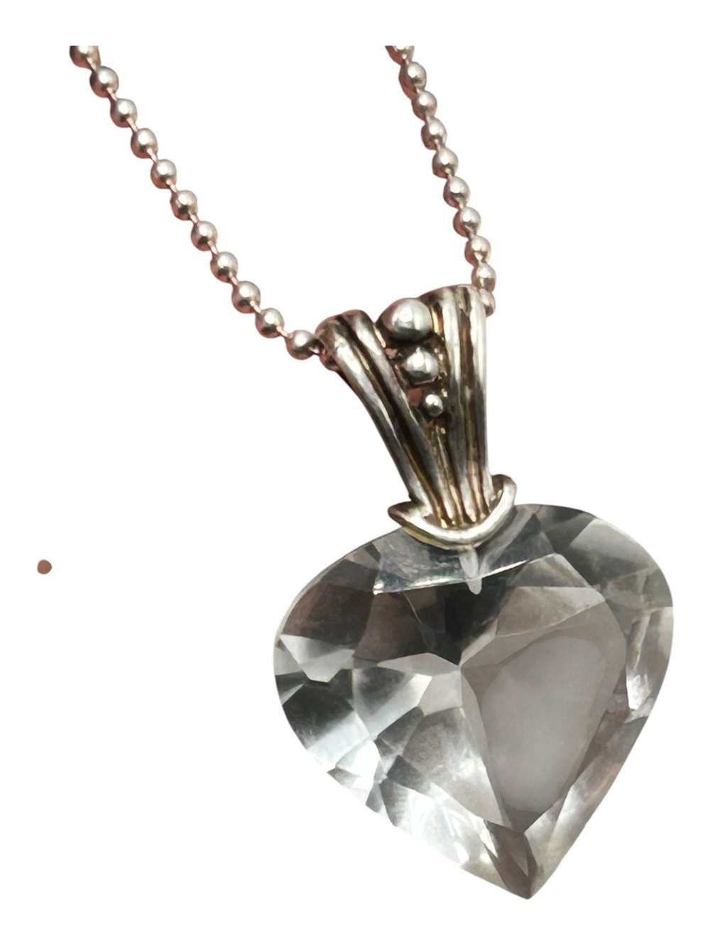 Huge Faceted Glass Heart Pendant Necklace Sterling Silver